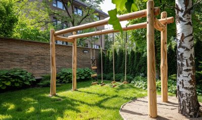 Fitnessgerät aus Holz im Gartenbereich